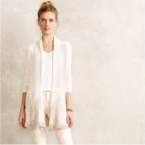 Anthropologie Moth Nevis Fringe Longline Open Cardigan Sz L Cream Wool Alpaca - Picture 1 of 6